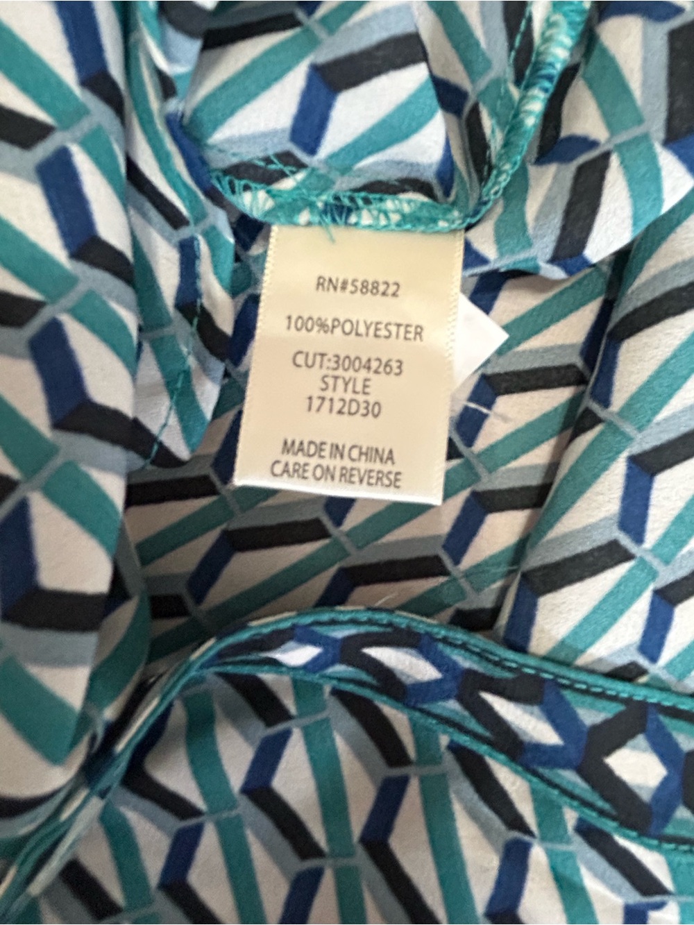 Max Studio Teal, Navy and White Geometric Tie-Neck Button-Down Blouse Top - NWT - Picture 13 of 14